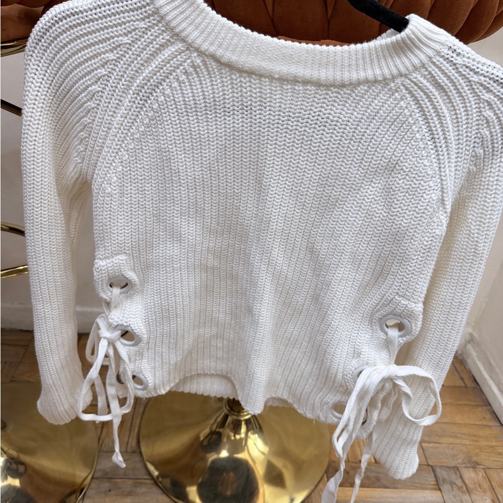 White Knit Sweater with Lace-Up Detail